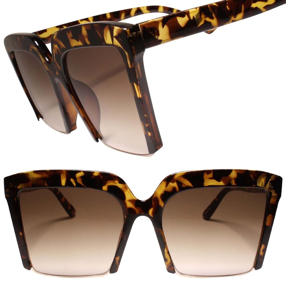 Classy Oversized Exaggerated Womens Semi Rimless Tortoise Square Sunglasses